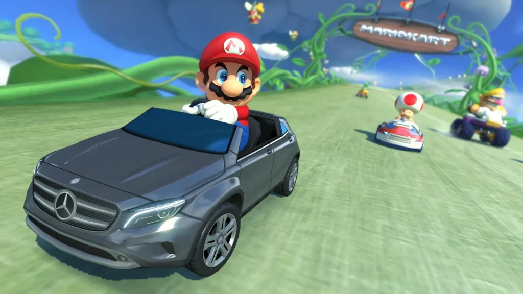Mario driving a Mercedes-Benz car in Mario Kart, an example of in-game product placement