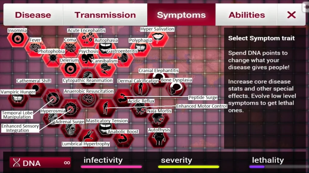 Symptoms screen from the game Plague Inc.