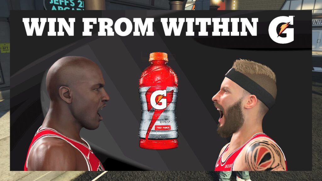 Gatorade Win From Within artwork with two NBA 2K players facing a Gatorade bottle
