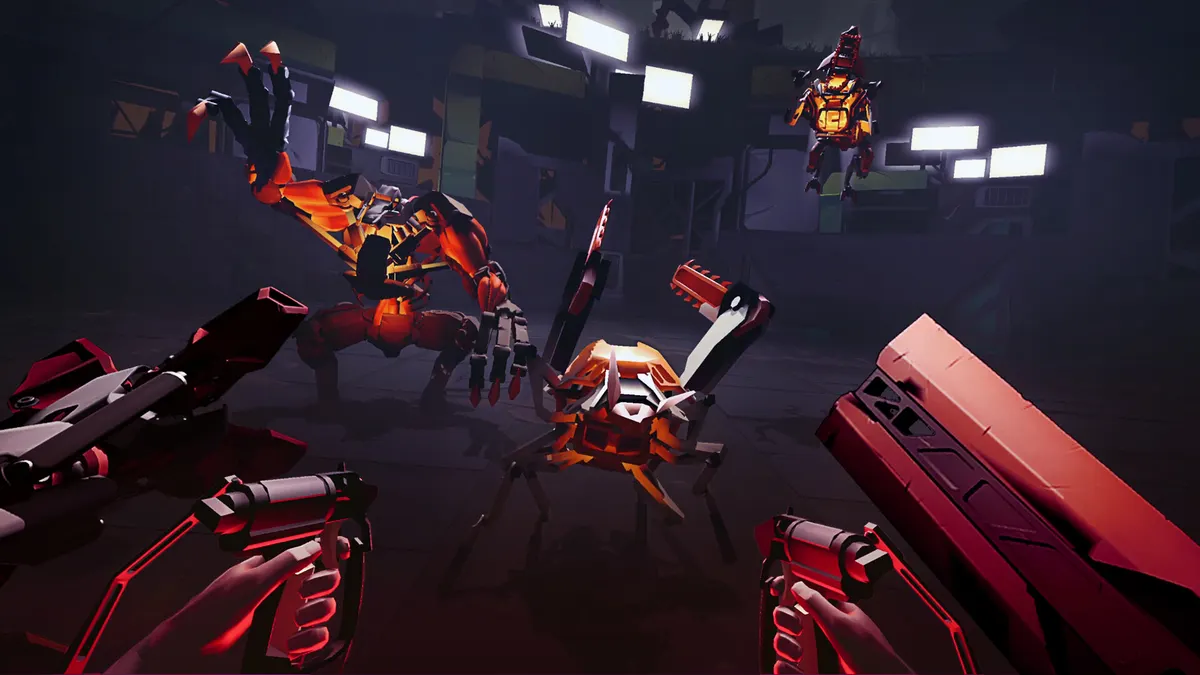 UNDERDOGS screenshot: first-person view from a mech cockpit, fighting enemy pit bots in a dark arena