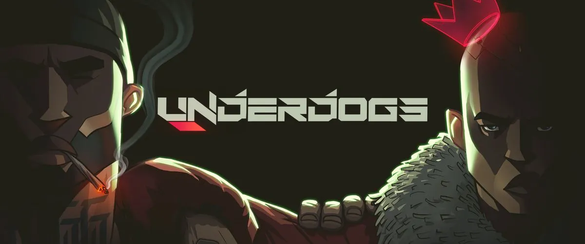 UNDERDOGS key art: the game logo between two characters, one smoking and one wearing a neon crown and a fur collar