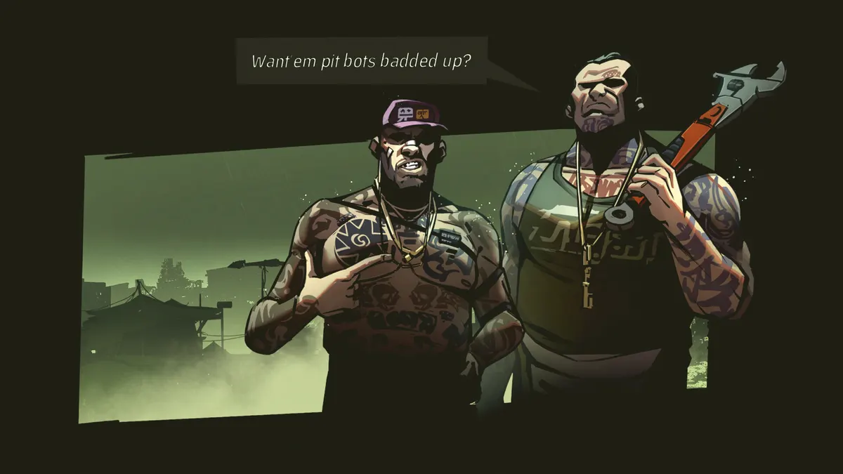 UNDERDOGS screenshot: two tattooed characters in a comic-style panel, one asking "Want em pit bots badded up?"
